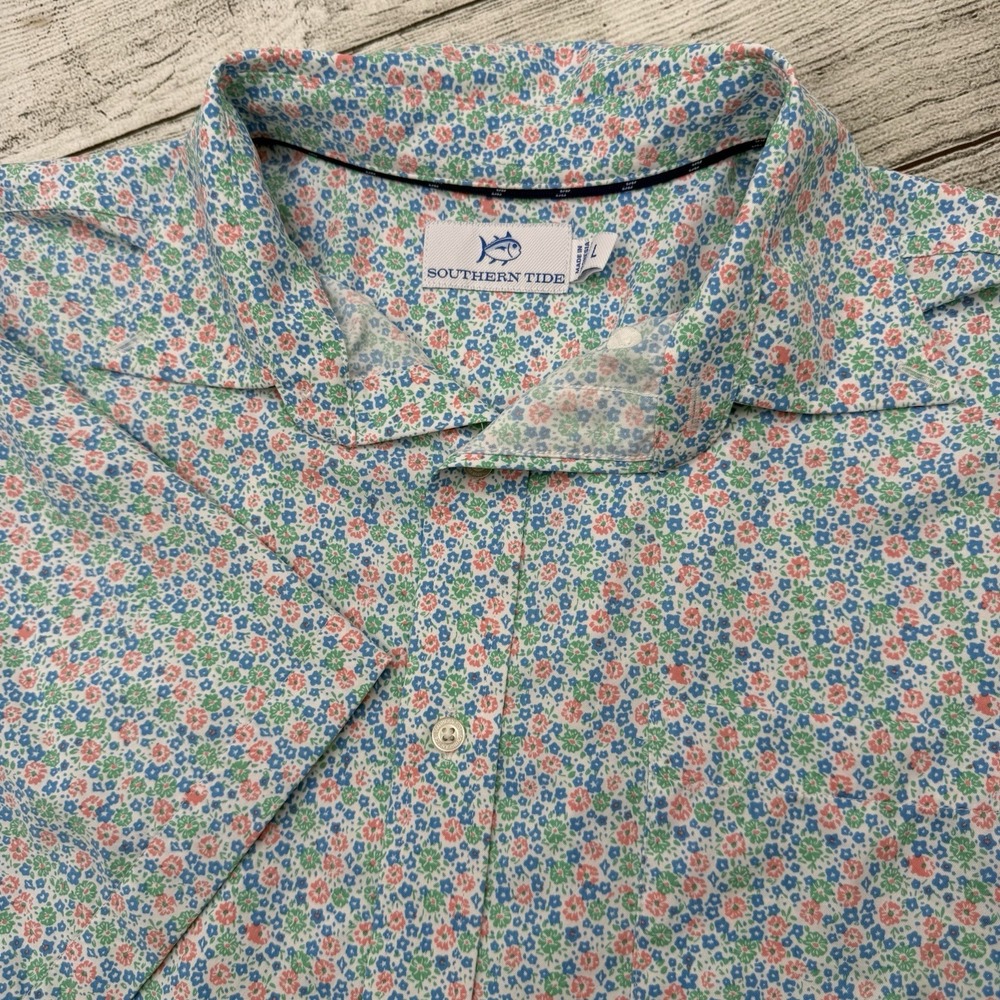 Southern Tide Mens L Floral Short Sleeve Button Down Shirt Performance Stretch